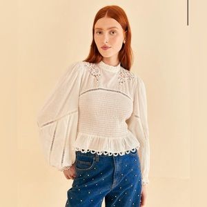 Farm Rio off white smocked blouse